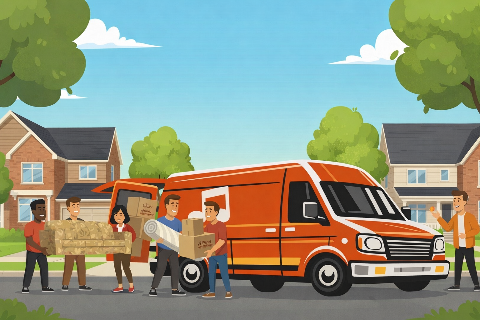 Orange van with movers unloading furniture in a neighborhood